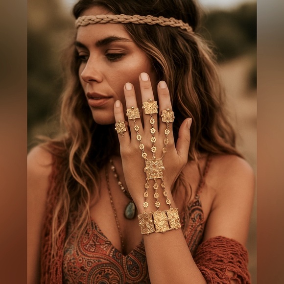 Vintage Gold Plated Sterling Silver Belly Dance Bracelet Rings Jewelry Cuff - Picture 1 of 12